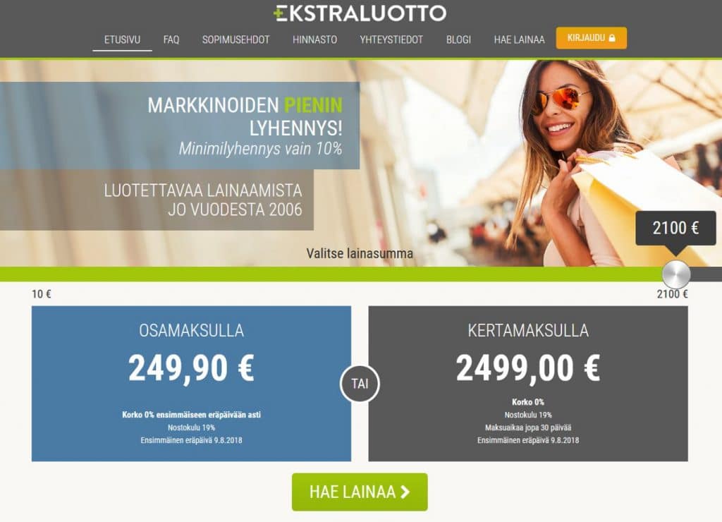 Ekstraluotto.fi kotisivu