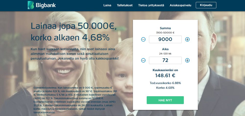 Bigbank lainaa nopeasti 50 000 euroa ilman takaajaa tai vakuutta